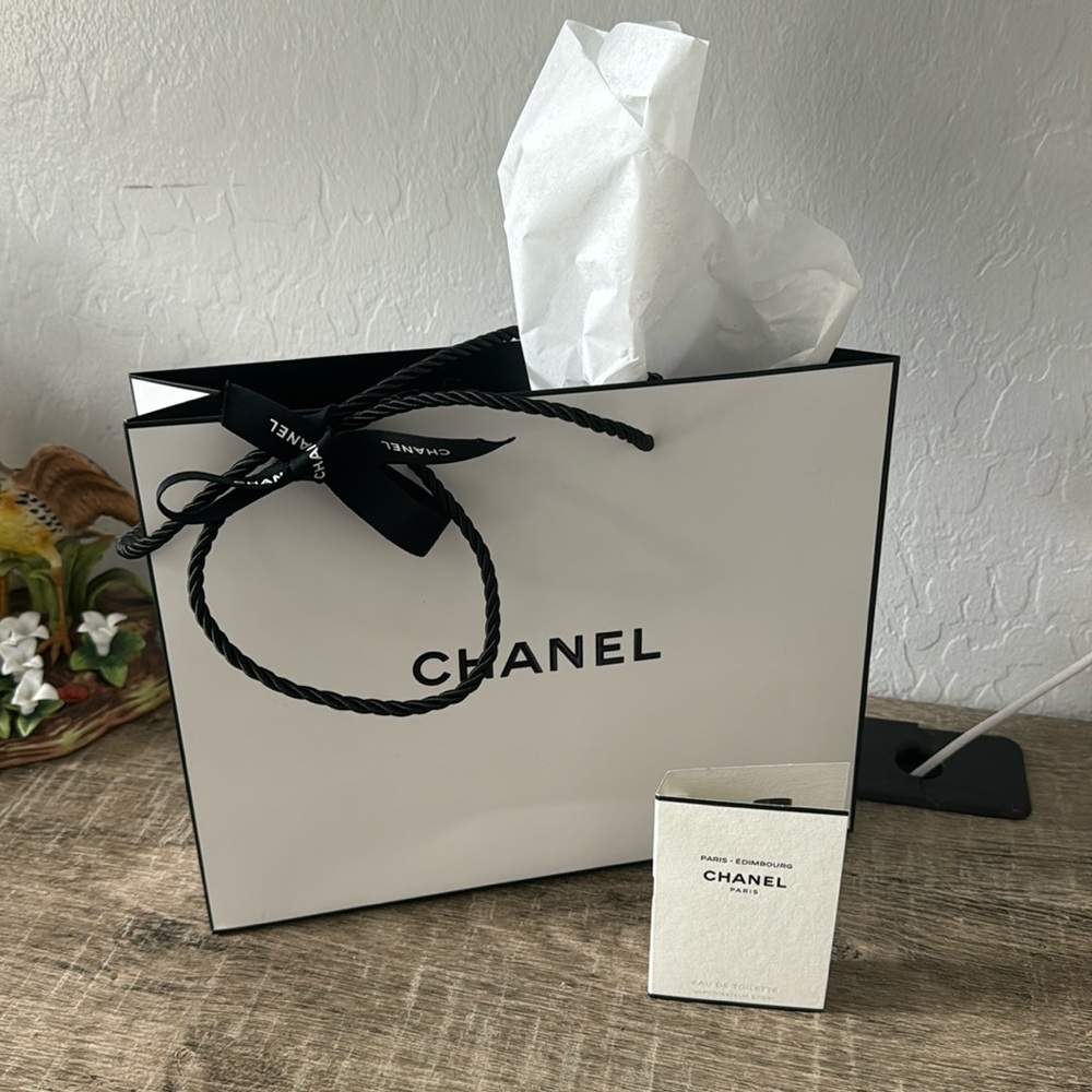 Chanel bag w black and white ribbon and Chanel Paris Edimbourg perfume sample